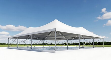 Spacious white event tent against a blue sky with white clouds in daylight