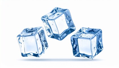 Three crystal-clear ice cubes suspended mid-air against a white backdrop