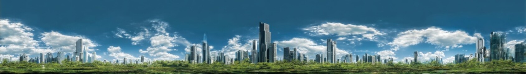 Fototapeta premium Vibrant Urban Skyline with Lush Greenery Under a Clear Blue Sky