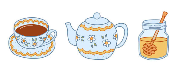 Tea Time Vector Set – Cup, Teapot, and Honey Jar for Cozy Kitchen Prints, Cafe Branding, and Wellness Projects