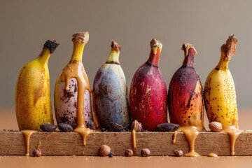 Colorful Bananas with Drizzling Sauce on Wooden Board Display