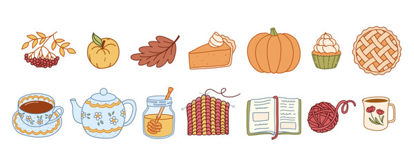 Cozy Autumn Clipart Set, Pumpkin Pie, Tea, Yarn, Books, Fall Leaves and Fruits, Vector Hand-drawn Illustrations for Stickers, Prints, Planners