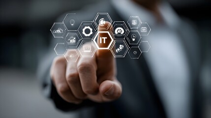 IT Consulting. Businessman holds digital consulting network connecting icon representing IT solutions, focusing on innovation, strategy, optimization, growth, and technology-driven success
