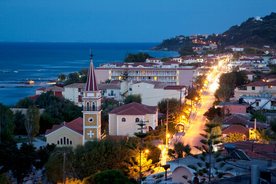 View over town at dusk, Argassi, Zante, Ionian Islands, Greek Islands, Greece
