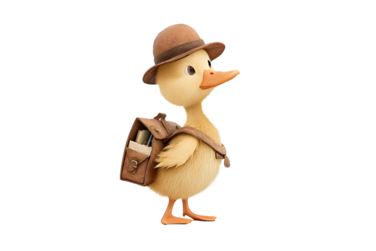A duckling with a bowler hat peeking into its backpack to double check all school supplies are packed, looking determined, 3d animation, isolated on a white background, in a simple style, with a trans