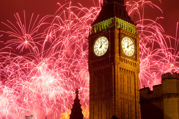 New Year fireworks and Big Ben, Houses of Parliament, Westminster, London, England