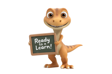 A dinosaur toddler holding a mini chalkboard that says “Ready to Learn!” with bright eyes and a toothy grin, 3d animation, isolated on a white background, in a simple style, with a transparent PNG