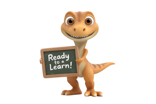 A dinosaur toddler holding a mini chalkboard that says “Ready to Learn!” with bright eyes and a toothy grin, 3d animation, isolated on a white background, in a simple style, with a transparent PNG