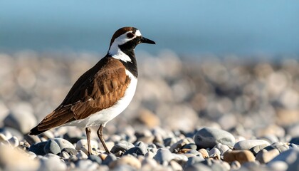 A shorebird stands on a pebble beach