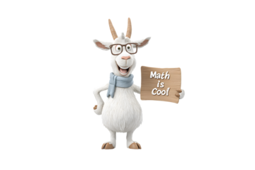 A goat with braces holding a “Math is Cool” sign, smiling with confidence and joy, 3d animation, isolated on a white background, in a simple style, with a transparent PNG