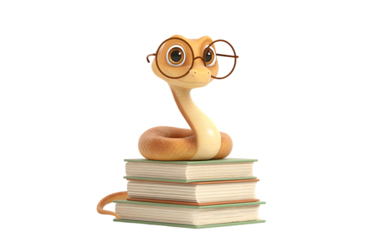 A snake with glasses coiled around a stack of school books, reading with total concentration and contentment, 3d animation, isolated on a white background, in a simple style, with a transparent PNG 