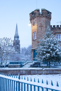 Edensor village and church in winter, Chatsworth Estate, Derbyshire, England