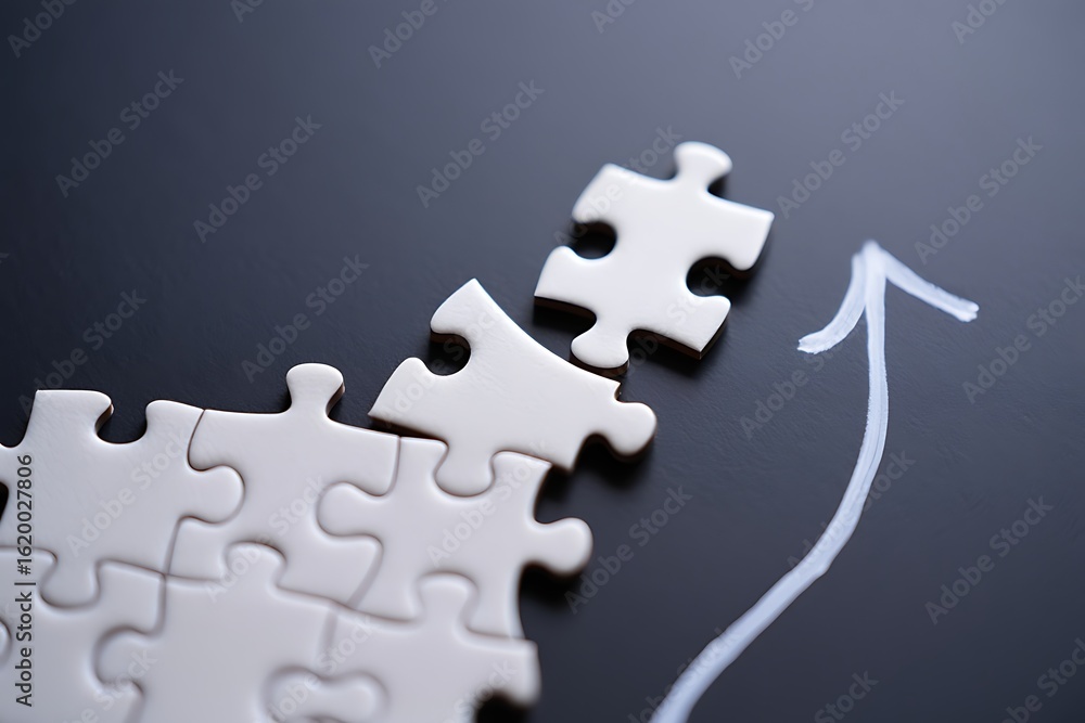 Poster assembling a growing business strategy with puzzle pieces and an upward trend arrow symbolizing prog