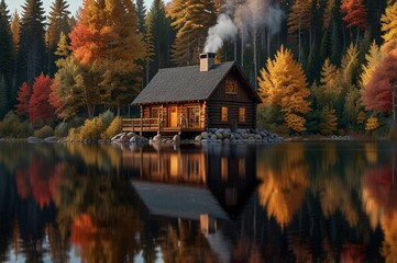 Fototapeta premium Hyper-realistic view of a cozy wooden cabin near a calm lake, surrounded by trees in full autumn colors, soft smoke coming from the chimney, reflection in the water, early evening glow