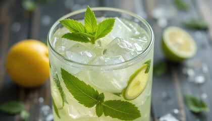 Fototapeta premium Refreshing mint lemonade with ice cubes – summer vibe