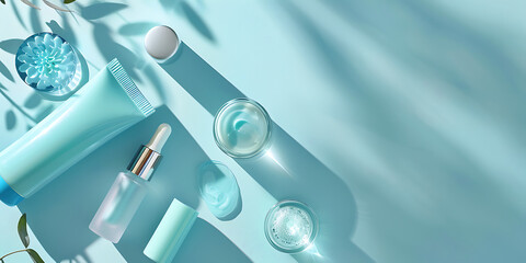 Blue Skincare Products Arranged Artfully with Shadows

