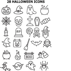A vibrant display of Halloween icons featuring ghosts, pumpkins, witches, bats, and skulls, creating an enchanting atmosphere filled with holiday spirit and playful eeriness.