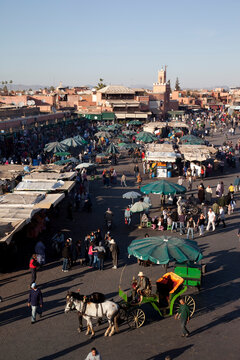 View over market, Place Jemaa El Fna, Marrakesh, Morocco, North Africa