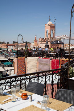 Rooftop terrace and minarets, Place Jemaa El Fna, Marrakesh, Morocco, North Africa