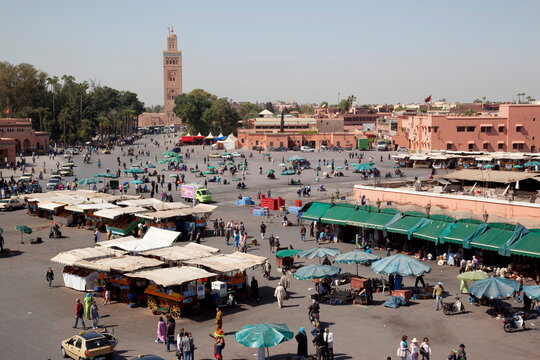 View over market square, Place Jemaa El Fna, Marrakesh, Morocco, North Africa