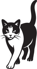 Obraz premium Walking cat black and white illustration, Stylized feline vector on white background