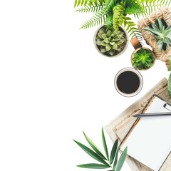 Overhead view of a workspace with succulents, coffee, and plants