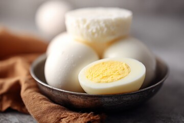 Fresh and Delicious Eggs: A Close-Up of Boiled and Raw Eggs in a Rustic Setting
