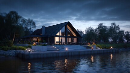 Fototapeta premium Vibrant photo of 3d rendering of modern house by the river at evening.