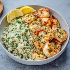 Delicious Grilled Shrimp with Herb Rice and Lemon Garnish - Perfect for Seafood Lovers