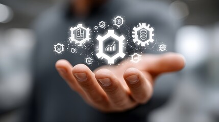 IT Consulting. Businessman holds digital consulting network connecting icon representing IT solutions, focusing on innovation, strategy, optimization, growth, and technology-driven success