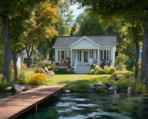 Obraz premium Charming Waterfront Cottage Surrounded by Lush Greenery and Colorful Flowers