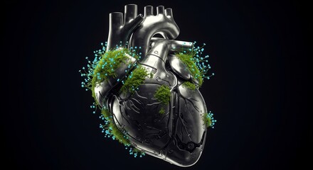 Mechanical Heart with Moss and Flowers Isolated on cutout PNG background