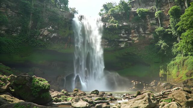 Thi Lo Su Waterfall Cascading Through Lush Greenery in Thailand's Umphang Wildlife Sanctuary Wide Angle View of Majestic Waterfall Surrounded by Moss Covered Rocks and Tropical Foliage Creating a
