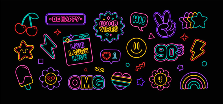 90s Neon Sticker Set – Retro Kawaii Icons, Smiley Faces, Good Vibes and Colorful Vector Signs. Neon signs and positive quotes, smiley faces, cherries, rainbows, hearts, stars, social media icons