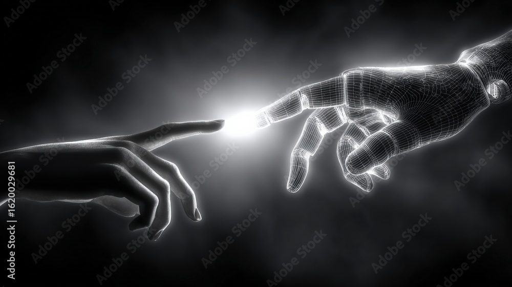 Poster futuristic connection: human and ai hands reaching out in unity
