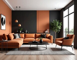 Modern living room with orange and black accent walls