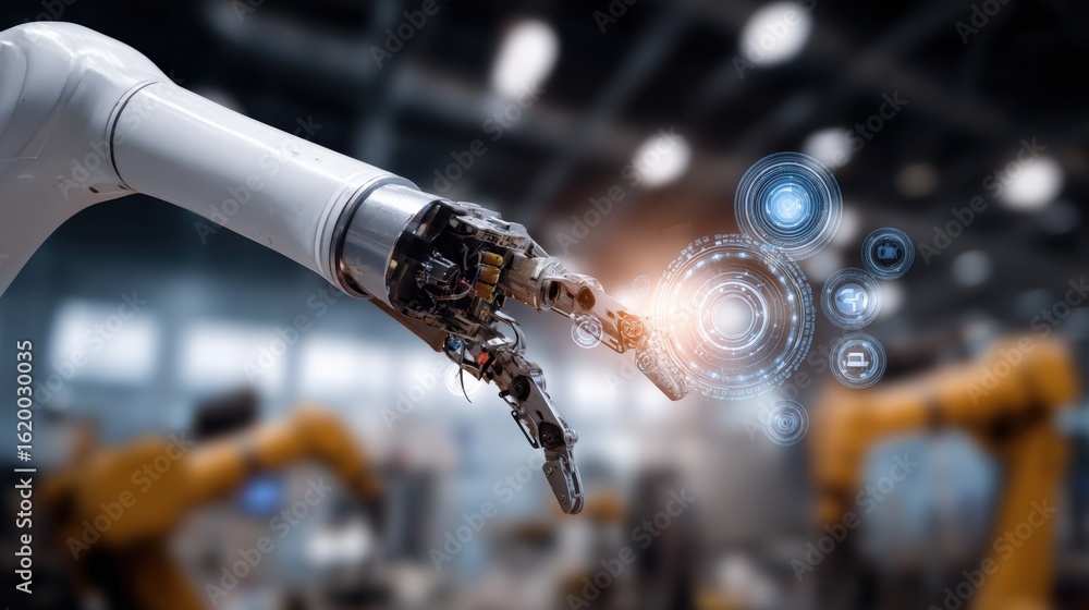 Poster advanced robotic arm with digital interface in modern manufacturing environment