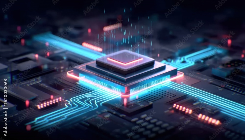 Aufkleber futuristic digital circuit board with glowing processor and neon effects for technology and innovati