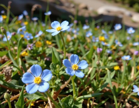 alpine forget me not flowers bloom in cold mountain meadows attracting pollinators during brief summers.