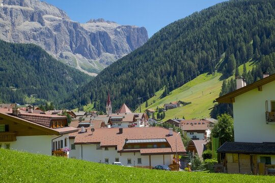 View over town, Selva Gardena, Gardena Valley, Bolzano Province, Trentino-Alto Adige/South Tyrol, Italian Dolomites, Italy