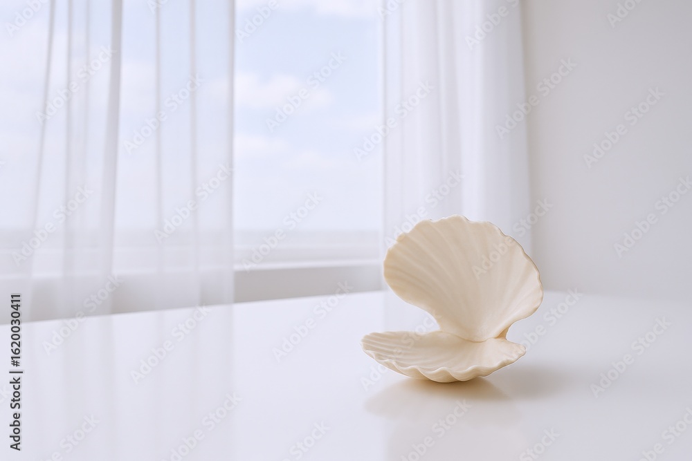 Poster elegant white shell decorative object on minimalist table with natural light