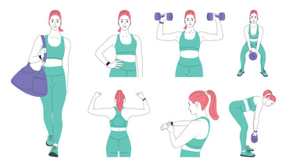 girl doing sports. set of isolated illustrations