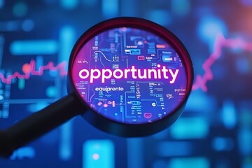 Magnifier focuses on the word opportunity. Focusing, finding or analyzing new business opportunities concept in blue and pink cinematic style with copy space