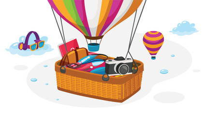 Cartoon hot air balloon with basket filled with travel items and another balloon in the background