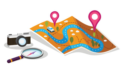 Illustration of a map with location pins a camera and a magnifying glass for travel planning