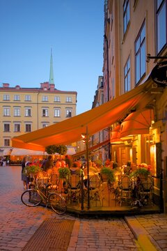 Stortorget Square cafes at dusk, Gamla Stan, Stockholm, Sweden, Scandinavia