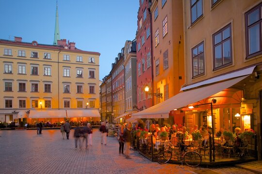 Stortorget Square cafes at dusk, Gamla Stan, Stockholm, Sweden, Scandinavia
