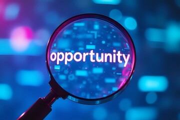 Magnifier focuses on the word opportunity. Focusing, finding or analyzing new business opportunities concept in blue and pink cinematic style with copy space