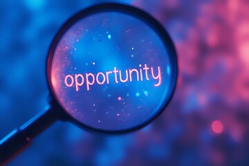 Magnifier focuses on the word opportunity. Focusing, finding or analyzing new business opportunities concept in blue and pink cinematic style with copy space
