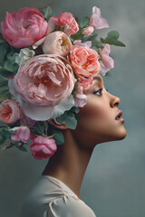 Profile of a woman adorned with a vibrant floral crown showcasing elegance and natural beauty